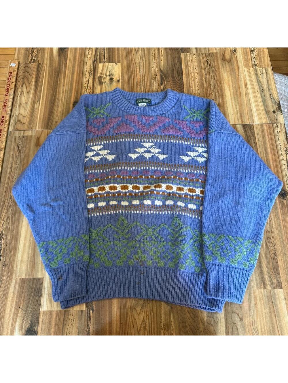 Cabin Creek Blue Knit Sweater with Green, White, and Brown Geometric Pattern